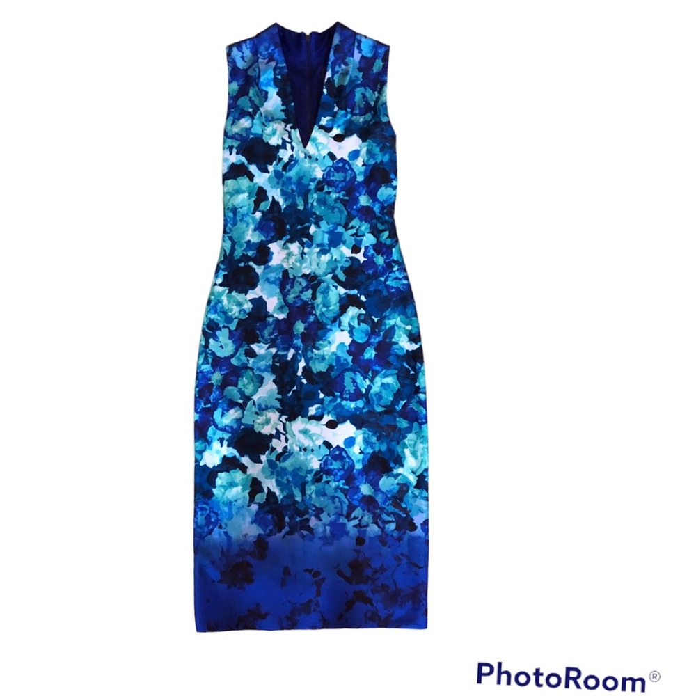 Vince Camuto midi sheath Dress  Blue green floral sleeveless size 4